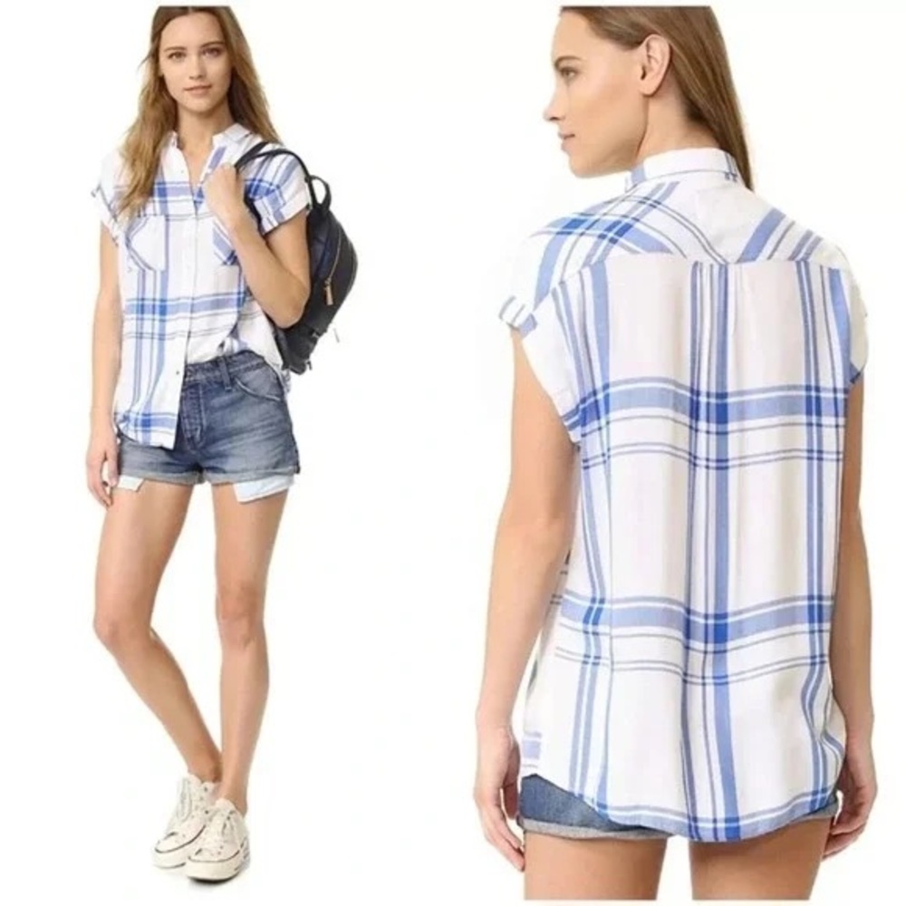 Rails White and Blue Short Sleeve‎ Women's flannel plaid Top, Small, SOFT